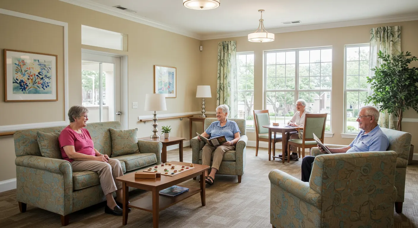 A warm and inviting assisted living community with natural lighting, comfortable seating, and smiling seniors engaged in activities such as reading and socializing.