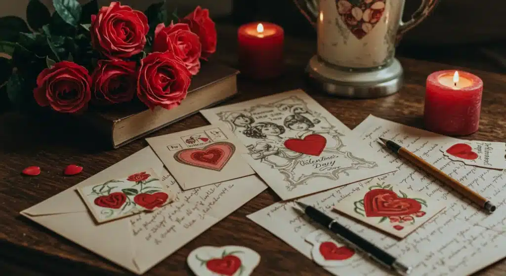 A vintage-inspired scene featuring handwritten love letters, red roses, and old-fashioned Valentine’s Day cards, reflecting the rich history of the holiday.