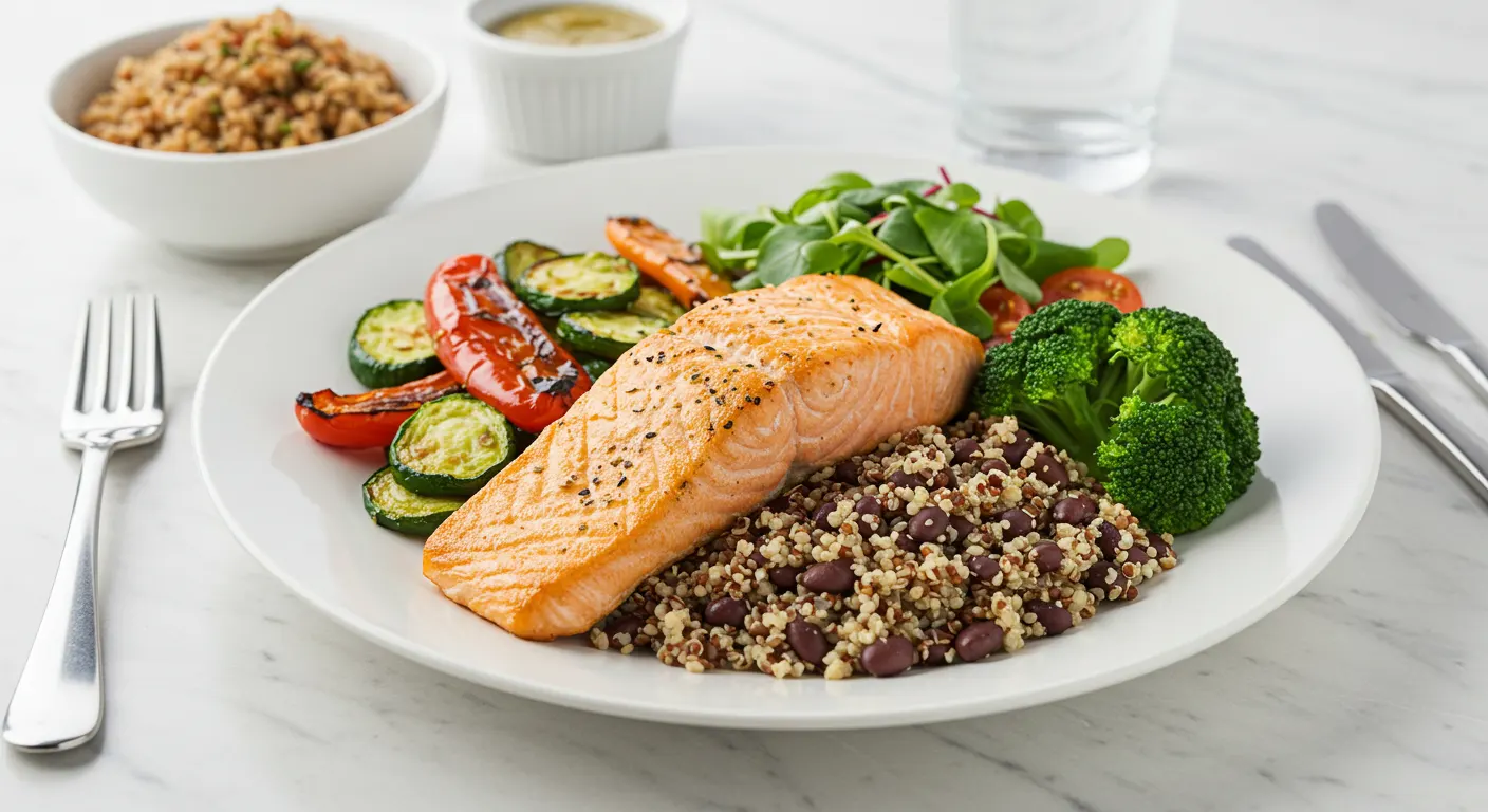 A beautifully arranged plate featuring a lean protein meal, such as grilled salmon with roasted vegetables, presented in a bright and inviting setting that emphasizes health and nutrition.